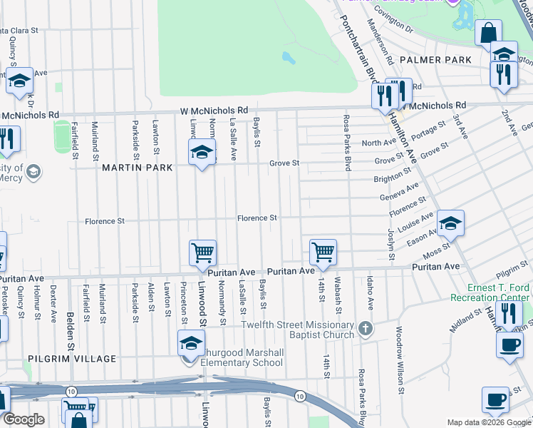 map of restaurants, bars, coffee shops, grocery stores, and more near 16258 Baylis Street in Detroit