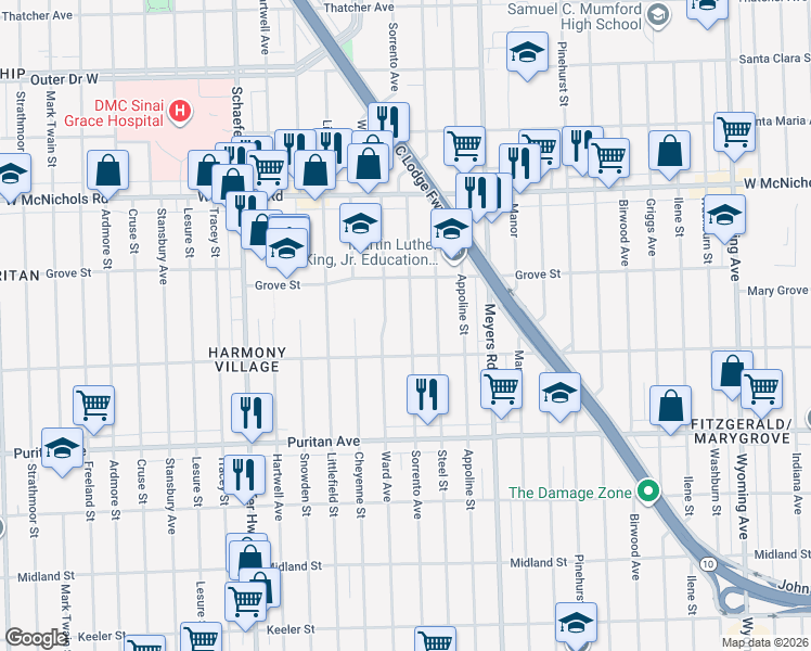 map of restaurants, bars, coffee shops, grocery stores, and more near 16545 Sorrento Avenue in Detroit