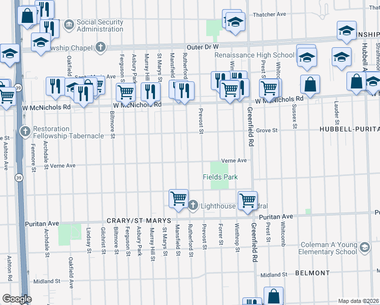 map of restaurants, bars, coffee shops, grocery stores, and more near 16713 Rutherford Street in Detroit