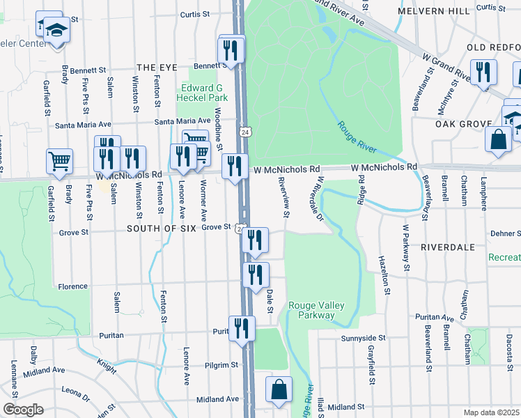 map of restaurants, bars, coffee shops, grocery stores, and more near 23830 Dehner Street in Detroit