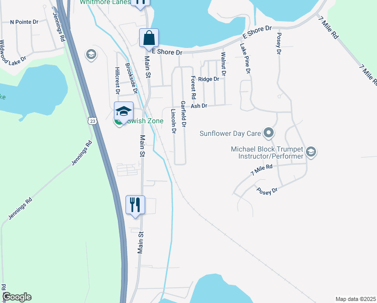 map of restaurants, bars, coffee shops, grocery stores, and more near 8816 Garfield Drive in Whitmore Lake