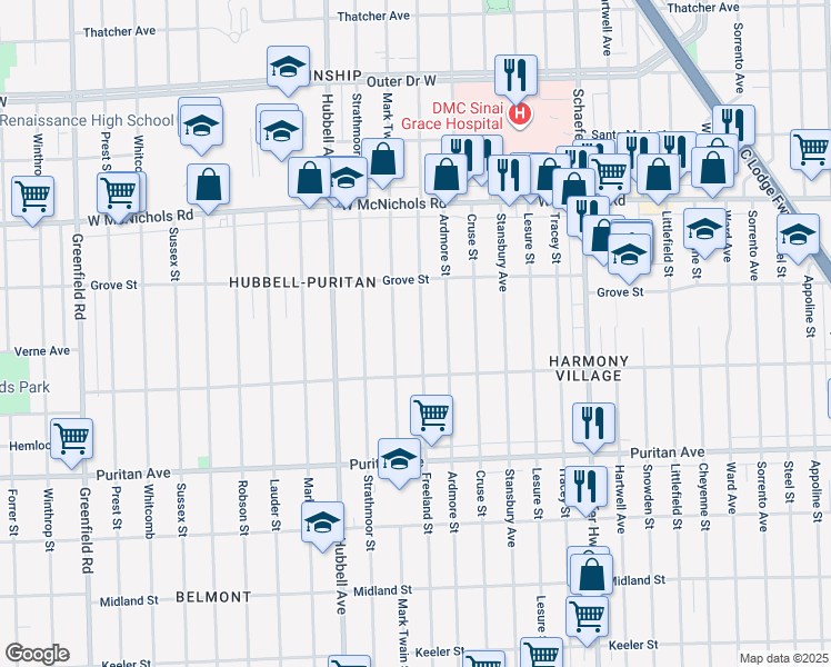 map of restaurants, bars, coffee shops, grocery stores, and more near 16581 Freeland Street in Detroit
