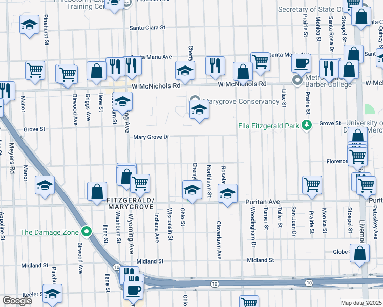 map of restaurants, bars, coffee shops, grocery stores, and more near 16537 Cherrylawn Street in Detroit