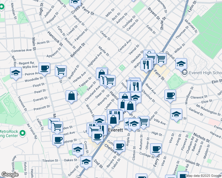 map of restaurants, bars, coffee shops, grocery stores, and more near 8 Walnut Street in Everett