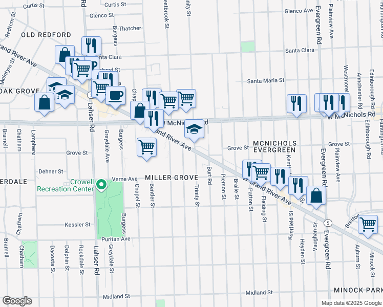 map of restaurants, bars, coffee shops, grocery stores, and more near 16766 Trinity Street in Detroit