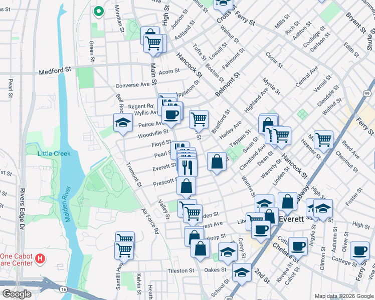 map of restaurants, bars, coffee shops, grocery stores, and more near 10 Locust Street in Everett