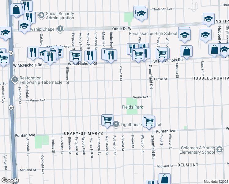 map of restaurants, bars, coffee shops, grocery stores, and more near 16713 Rutherford Street in Detroit