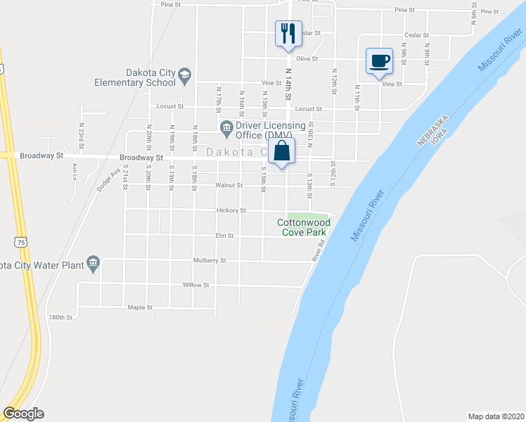 map of restaurants, bars, coffee shops, grocery stores, and more near 1500 Hickory St in Dakota City