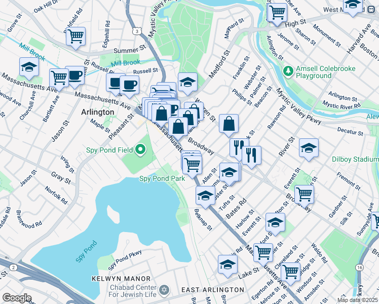 map of restaurants, bars, coffee shops, grocery stores, and more near 385 Massachusetts Avenue in Arlington