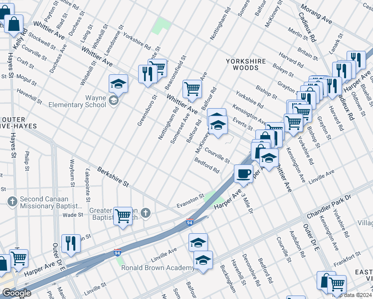 map of restaurants, bars, coffee shops, grocery stores, and more near 9936 Balfour Road in Detroit