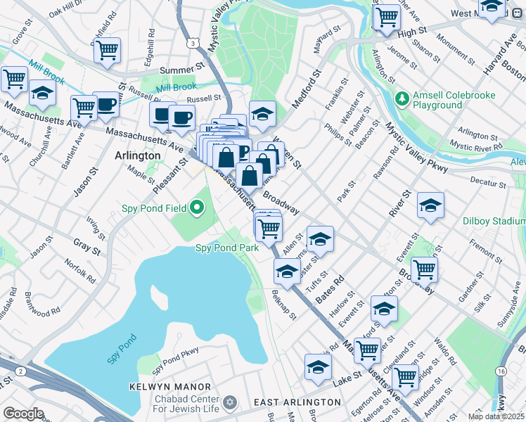 map of restaurants, bars, coffee shops, grocery stores, and more near 385 Massachusetts Avenue in Arlington