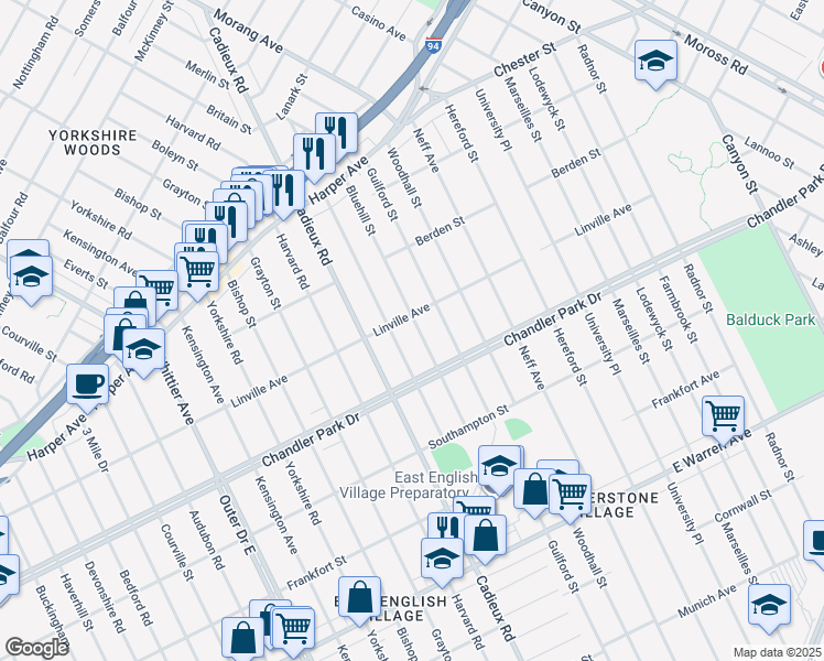 map of restaurants, bars, coffee shops, grocery stores, and more near 5759 Bluehill Street in Detroit
