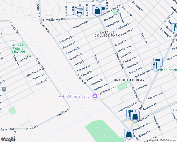 map of restaurants, bars, coffee shops, grocery stores, and more near 11061 Christy Street in Detroit