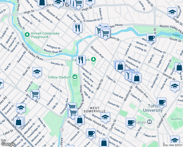 map of restaurants, bars, coffee shops, grocery stores, and more near 47 Gordon Street in Somerville