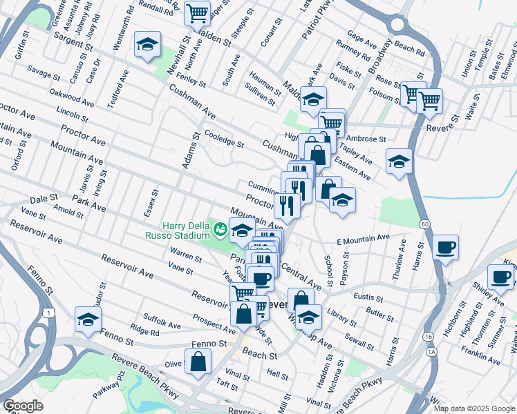 map of restaurants, bars, coffee shops, grocery stores, and more near 109 Mountain Avenue in Malden