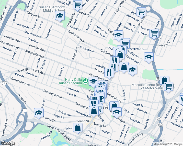 map of restaurants, bars, coffee shops, grocery stores, and more near 144 Mountain Avenue in Revere