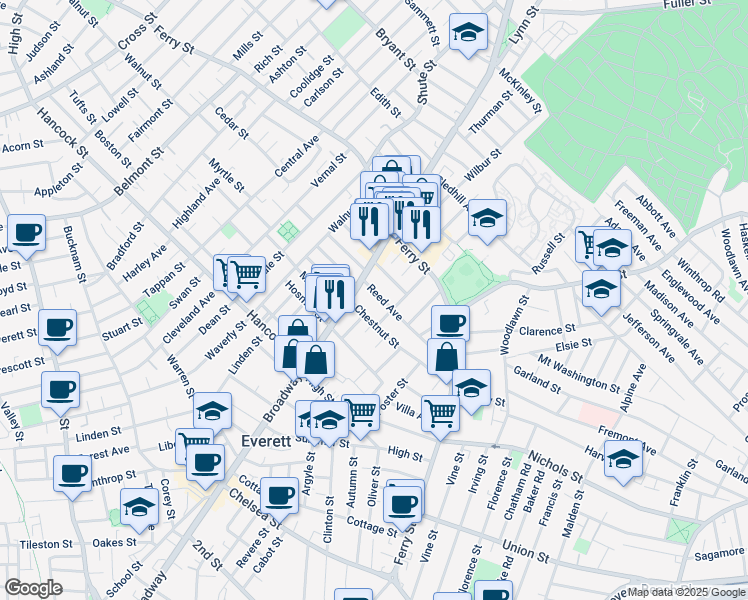 map of restaurants, bars, coffee shops, grocery stores, and more near 82 Chestnut Street in Everett