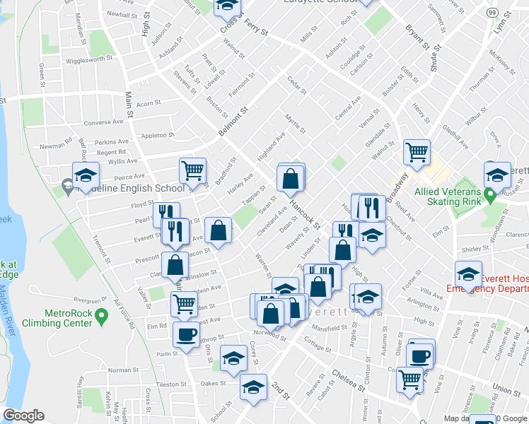 map of restaurants, bars, coffee shops, grocery stores, and more near 91 Cleveland Avenue in Everett