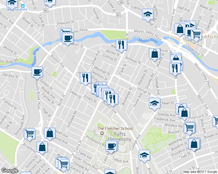 map of restaurants, bars, coffee shops, grocery stores, and more near 2 Charnwood Road in Medford