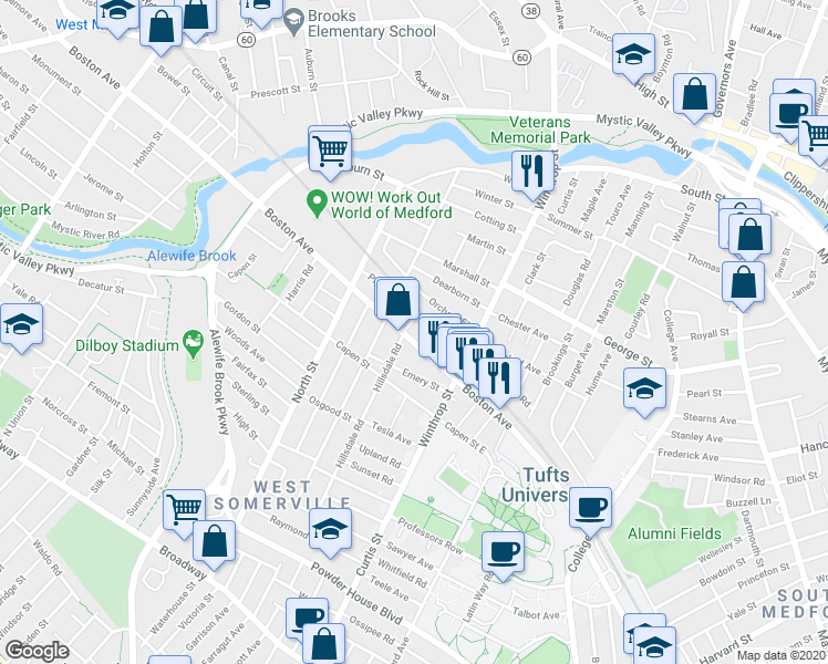 map of restaurants, bars, coffee shops, grocery stores, and more near 24 Hillsdale Road in Medford