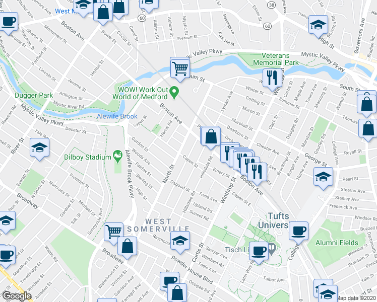 map of restaurants, bars, coffee shops, grocery stores, and more near in Medford