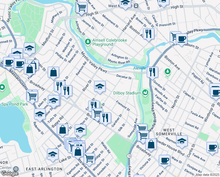 map of restaurants, bars, coffee shops, grocery stores, and more near 68 Patrick Street in Arlington