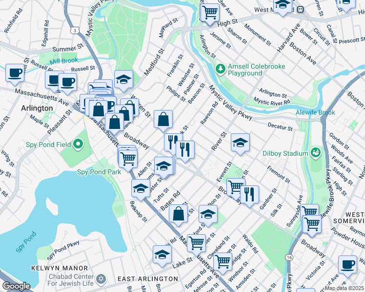 map of restaurants, bars, coffee shops, grocery stores, and more near 47 Warren Street in Arlington