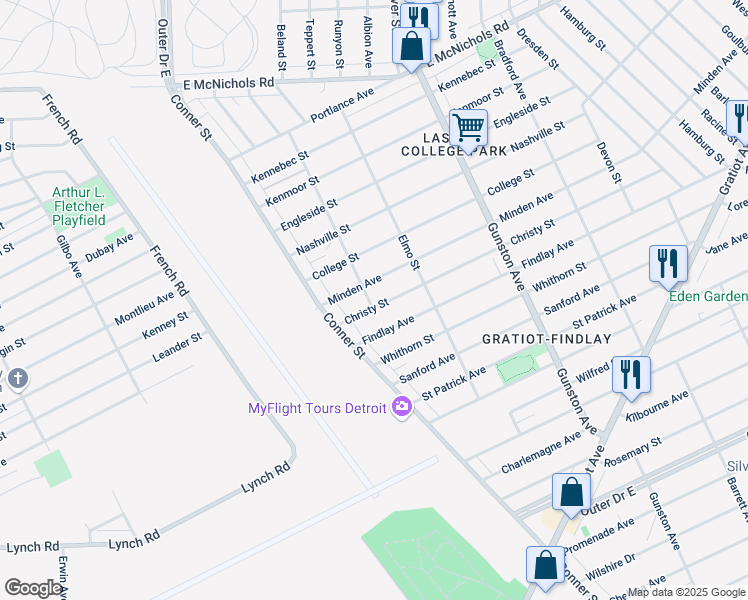 map of restaurants, bars, coffee shops, grocery stores, and more near 11061 Christy Street in Detroit
