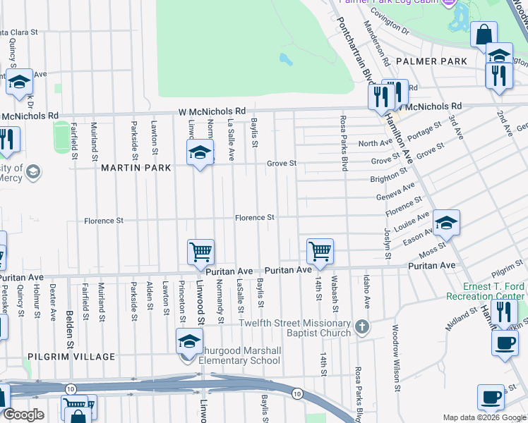 map of restaurants, bars, coffee shops, grocery stores, and more near 16258 Baylis Street in Detroit