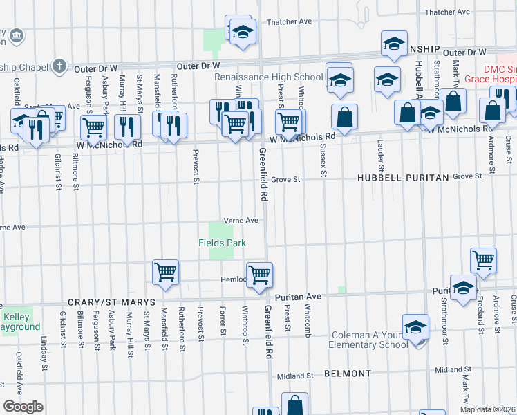 map of restaurants, bars, coffee shops, grocery stores, and more near 16676 Greenfield Road in Detroit
