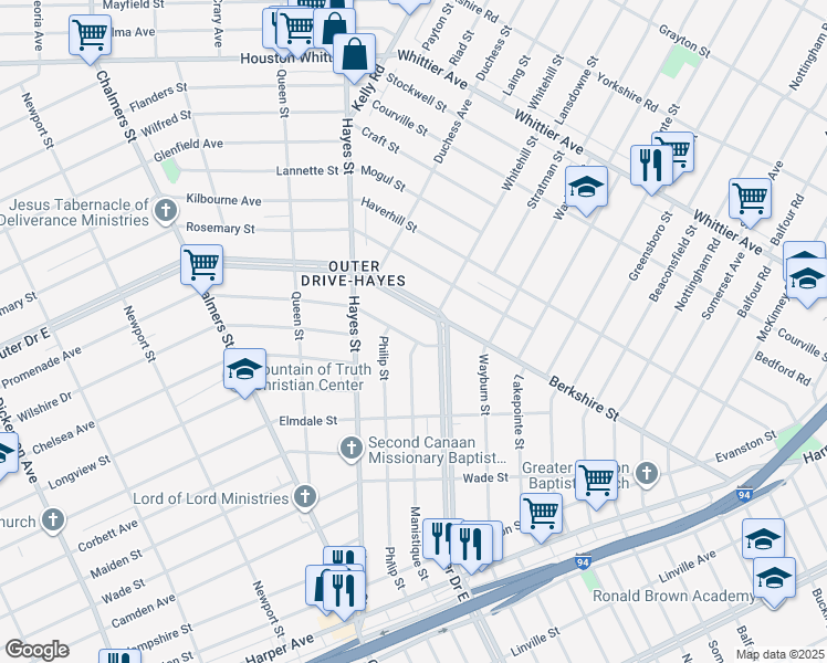 map of restaurants, bars, coffee shops, grocery stores, and more near 15345 Promenade Street in Detroit