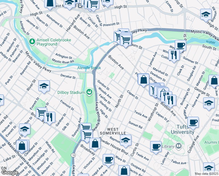 map of restaurants, bars, coffee shops, grocery stores, and more near 47 Gordon Street in Somerville
