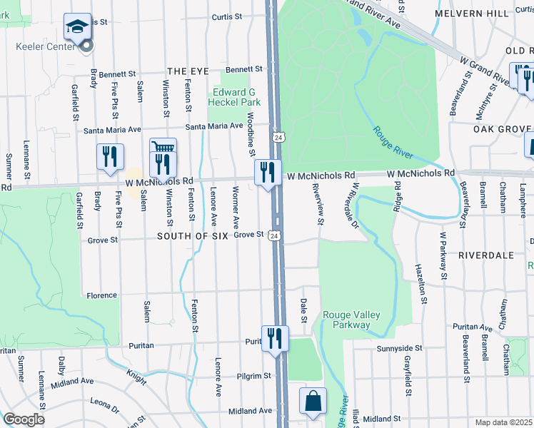 map of restaurants, bars, coffee shops, grocery stores, and more near 16800 Telegraph Road in Detroit