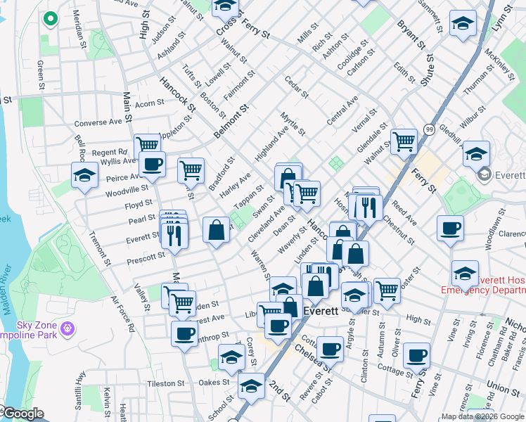 map of restaurants, bars, coffee shops, grocery stores, and more near 91 Cleveland Avenue in Everett
