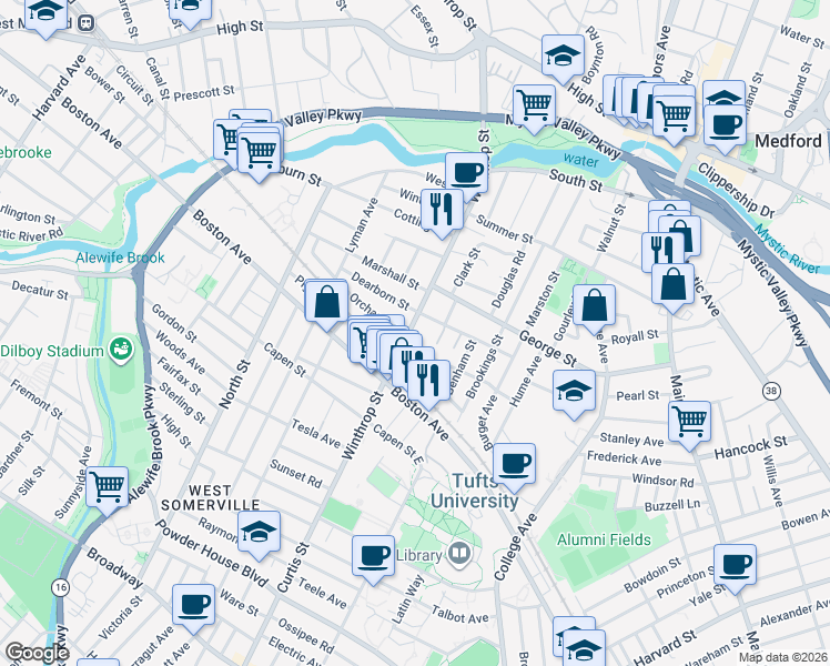map of restaurants, bars, coffee shops, grocery stores, and more near 2 Charnwood Road in Medford
