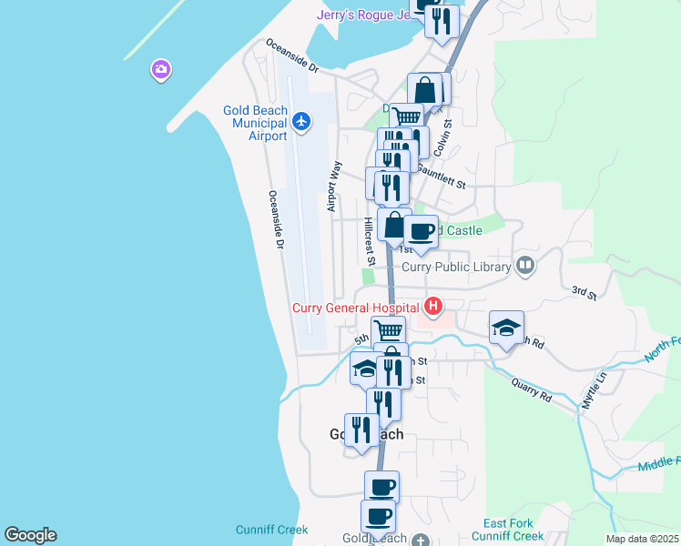 map of restaurants, bars, coffee shops, grocery stores, and more near 94120 Strahan Street in Gold Beach