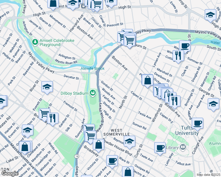map of restaurants, bars, coffee shops, grocery stores, and more near Gordon Street in Somerville