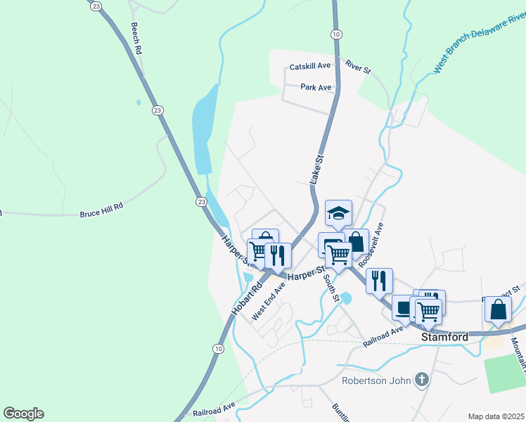map of restaurants, bars, coffee shops, grocery stores, and more near 157 West Main Street in Stamford