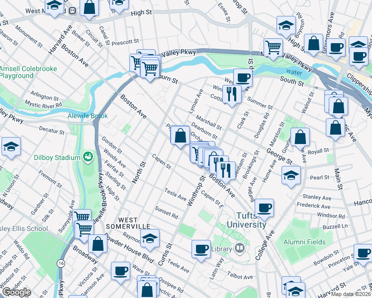 map of restaurants, bars, coffee shops, grocery stores, and more near 24 Hillsdale Road in Medford