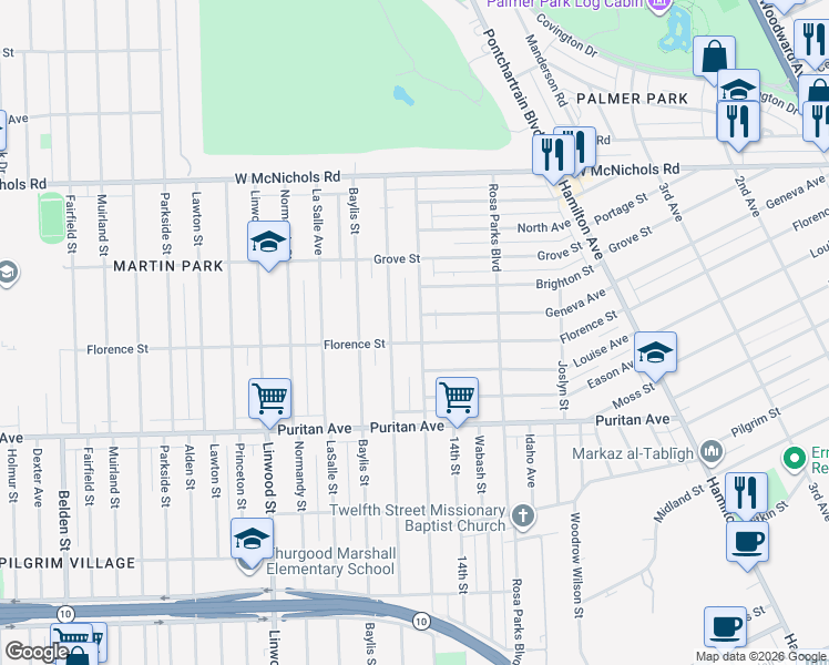 map of restaurants, bars, coffee shops, grocery stores, and more near 16256 Inverness Street in Detroit