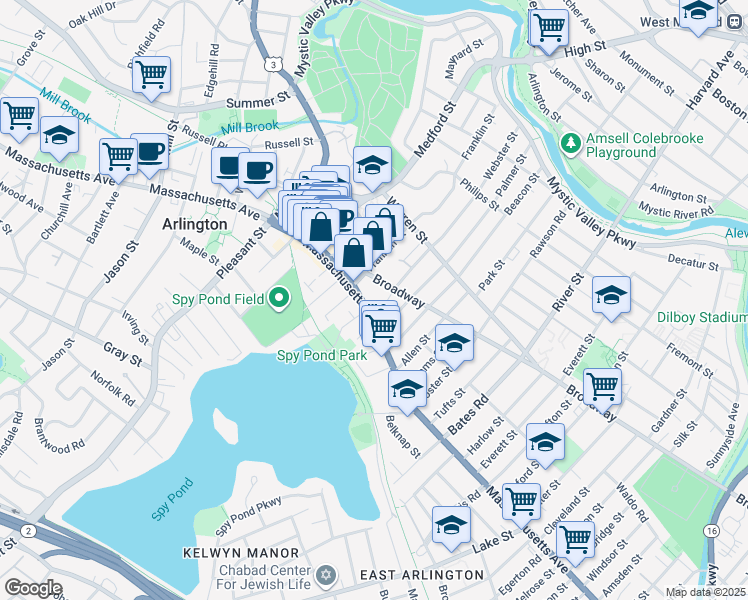 map of restaurants, bars, coffee shops, grocery stores, and more near 382 Massachusetts Avenue in Arlington