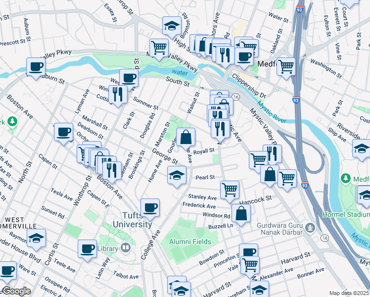 map of restaurants, bars, coffee shops, grocery stores, and more near 49 College Avenue in Medford