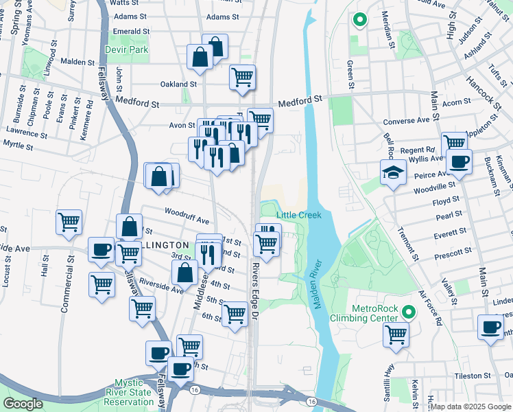 map of restaurants, bars, coffee shops, grocery stores, and more near Corporation Way in Middlesex County