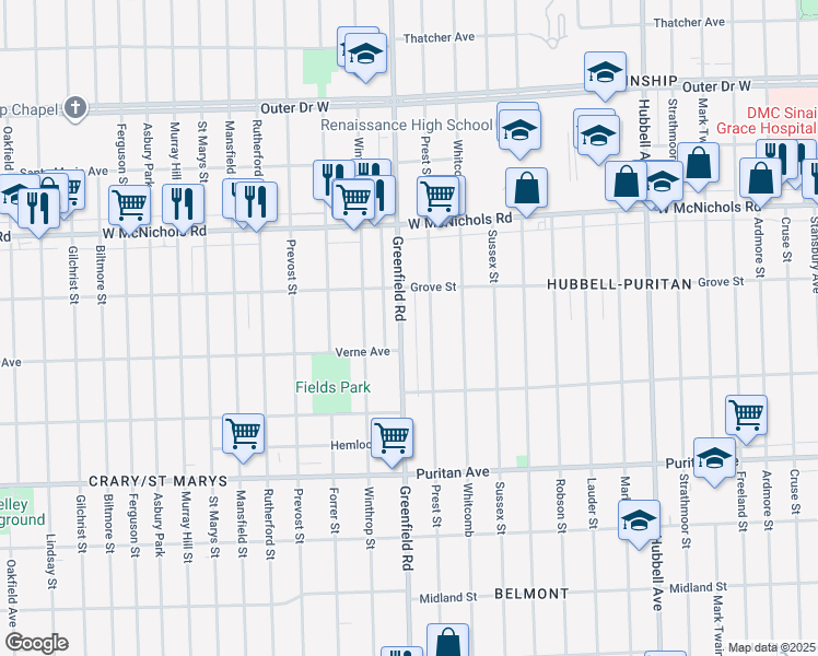 map of restaurants, bars, coffee shops, grocery stores, and more near 16620 Greenfield Road in Detroit