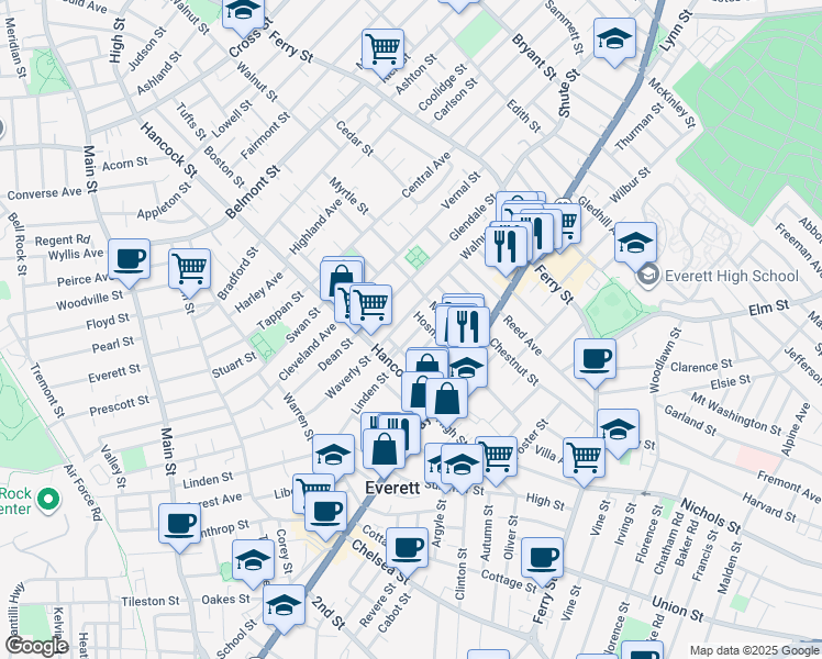 map of restaurants, bars, coffee shops, grocery stores, and more near 55 Kenilworth Street in Everett