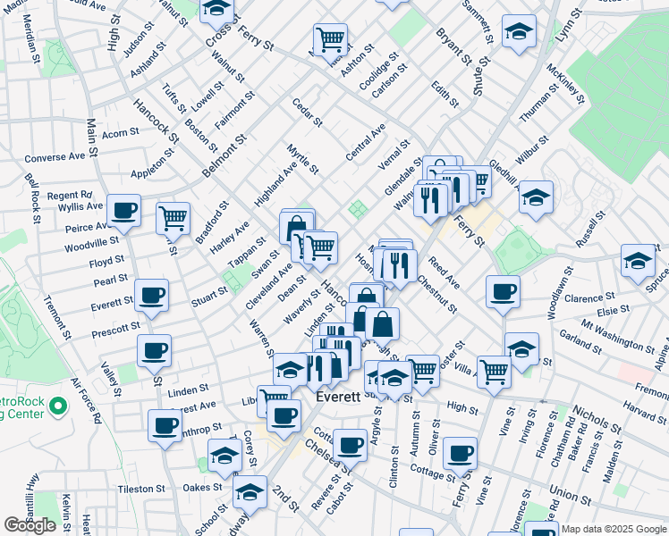 map of restaurants, bars, coffee shops, grocery stores, and more near 55 Kenilworth Street in Everett
