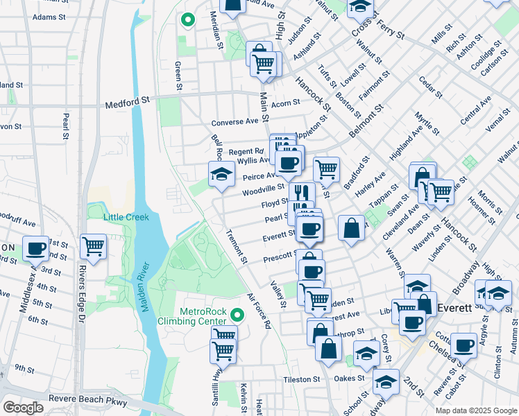 map of restaurants, bars, coffee shops, grocery stores, and more near 47A Pearl Street in Everett