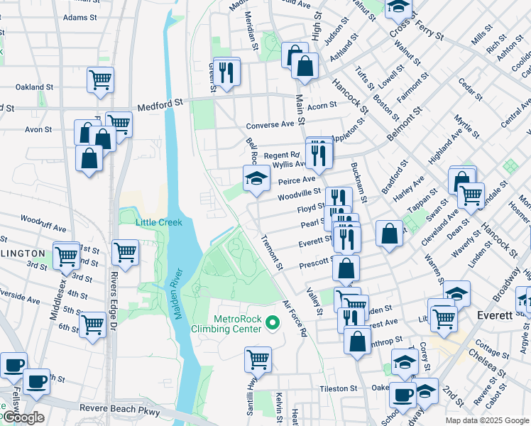 map of restaurants, bars, coffee shops, grocery stores, and more near 79 Pearl Street in Everett