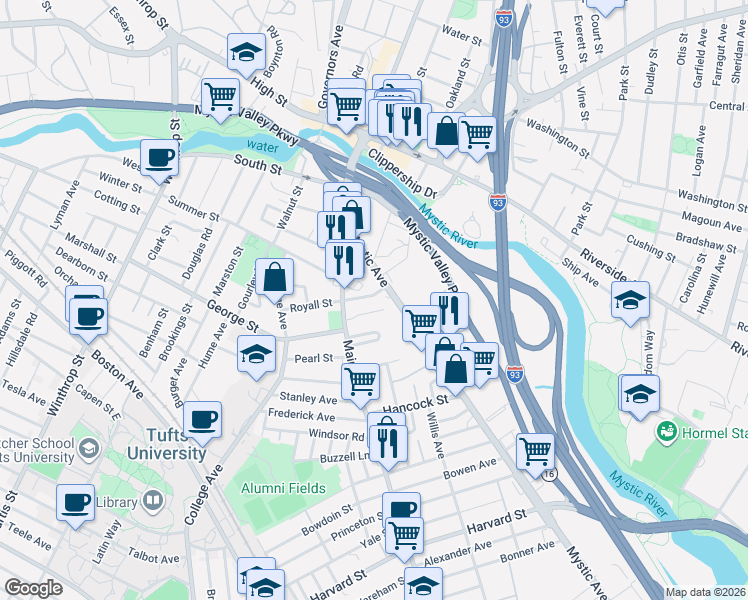 map of restaurants, bars, coffee shops, grocery stores, and more near 45 Sylvia Road in Medford