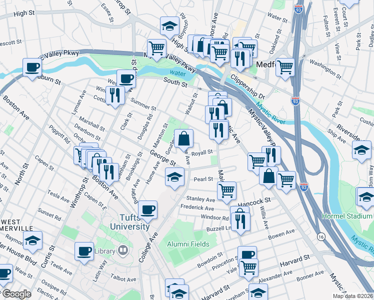 map of restaurants, bars, coffee shops, grocery stores, and more near 49 College Avenue in Medford